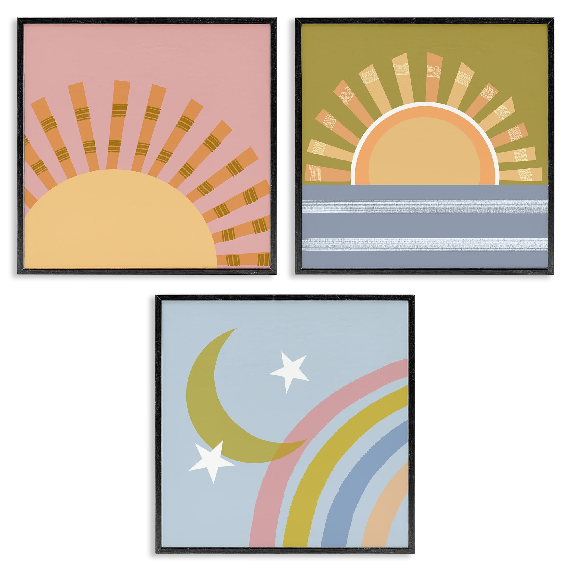 Stupell Industries Rising Sun & Moon Landscape & Nature Painting Black Framed Art Print Wall Art, 17 x 17, Set of 3