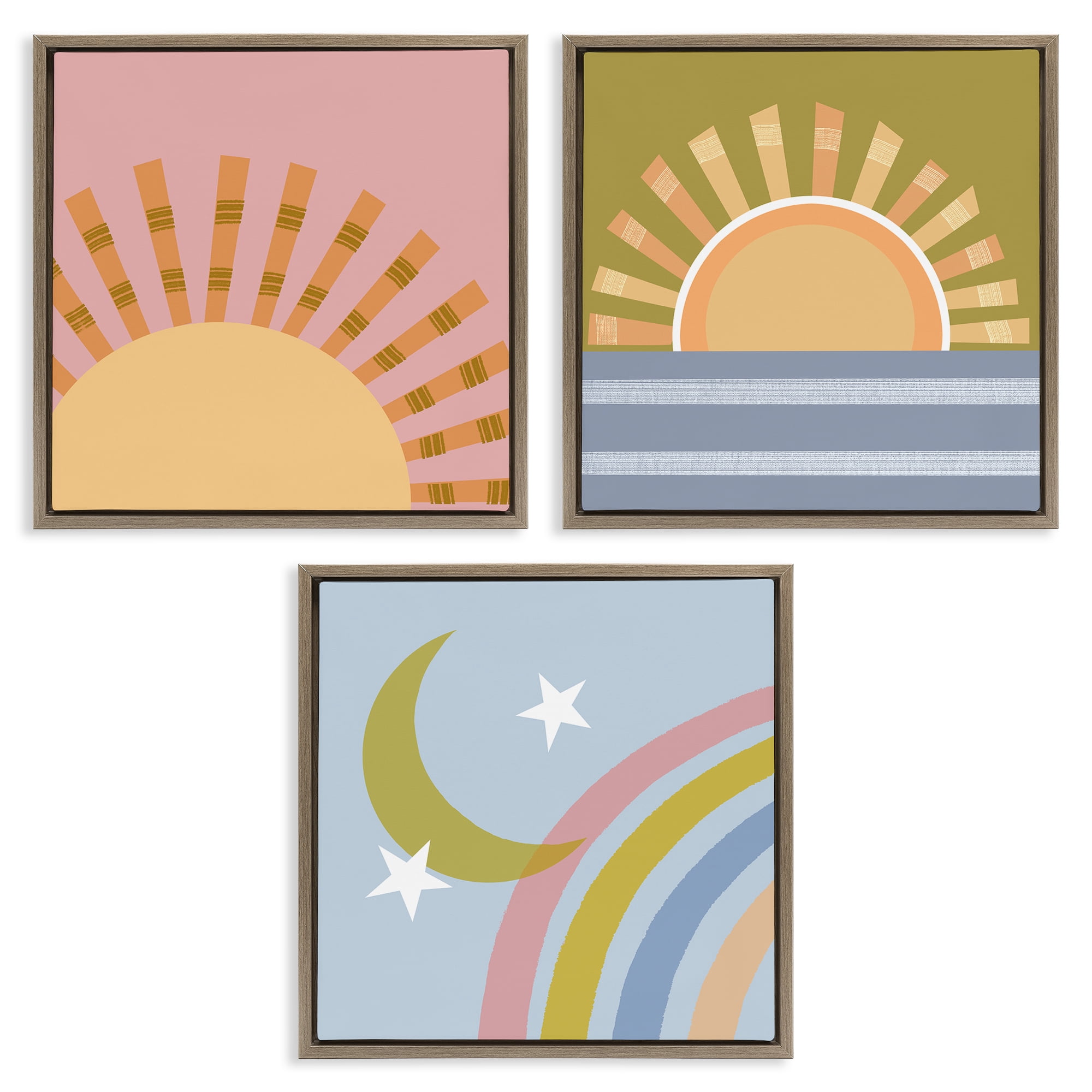 Stupell Industries Rising Sun & Moon Landscape & Nature Painting Brown Floater Framed Canvas Art Print Wall Art, 25 x 25, Set of 3