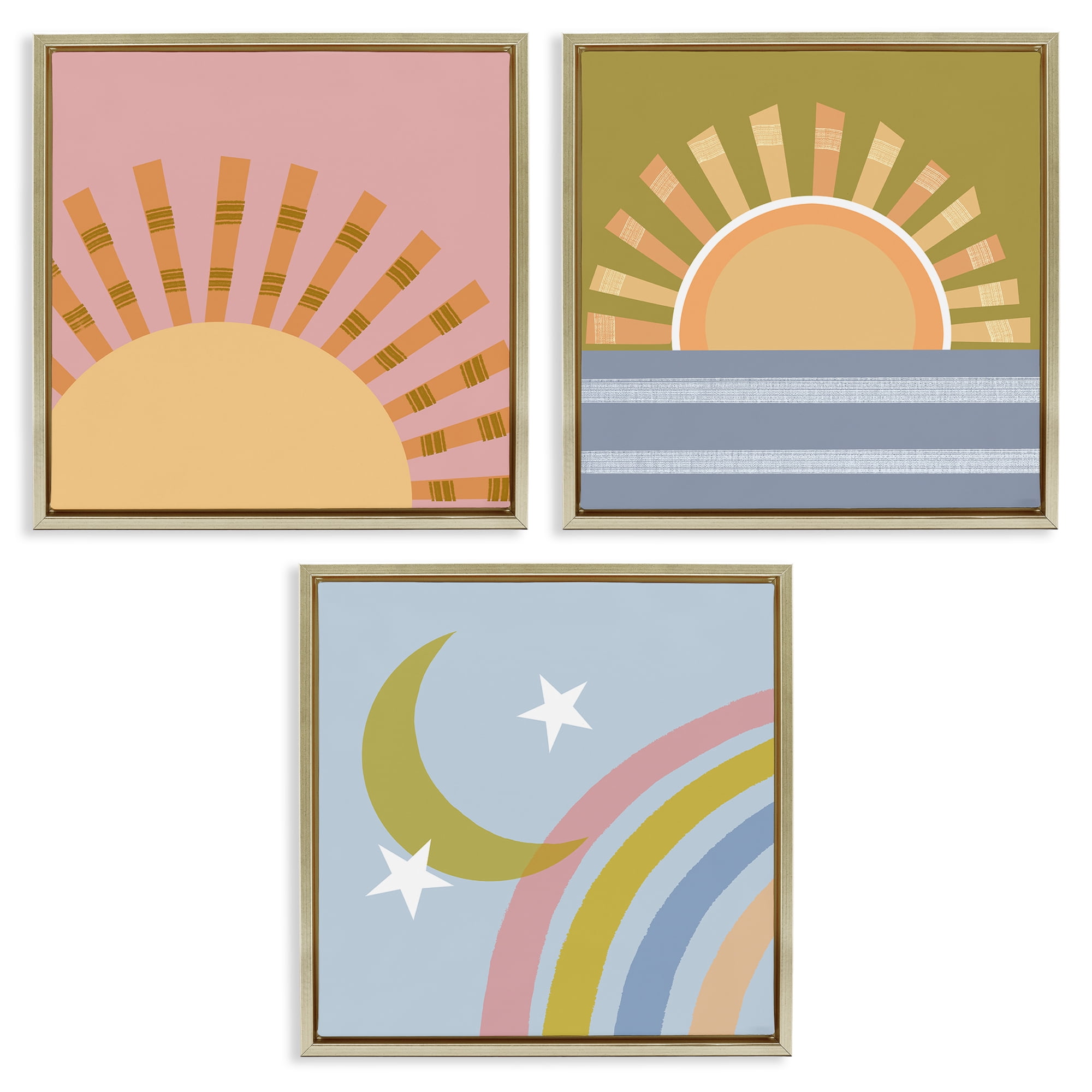 Stupell Industries Rising Sun & Moon Landscape & Nature Painting Gold Floater Framed Canvas Art Print Wall Art, 25 x 25, Set of 3