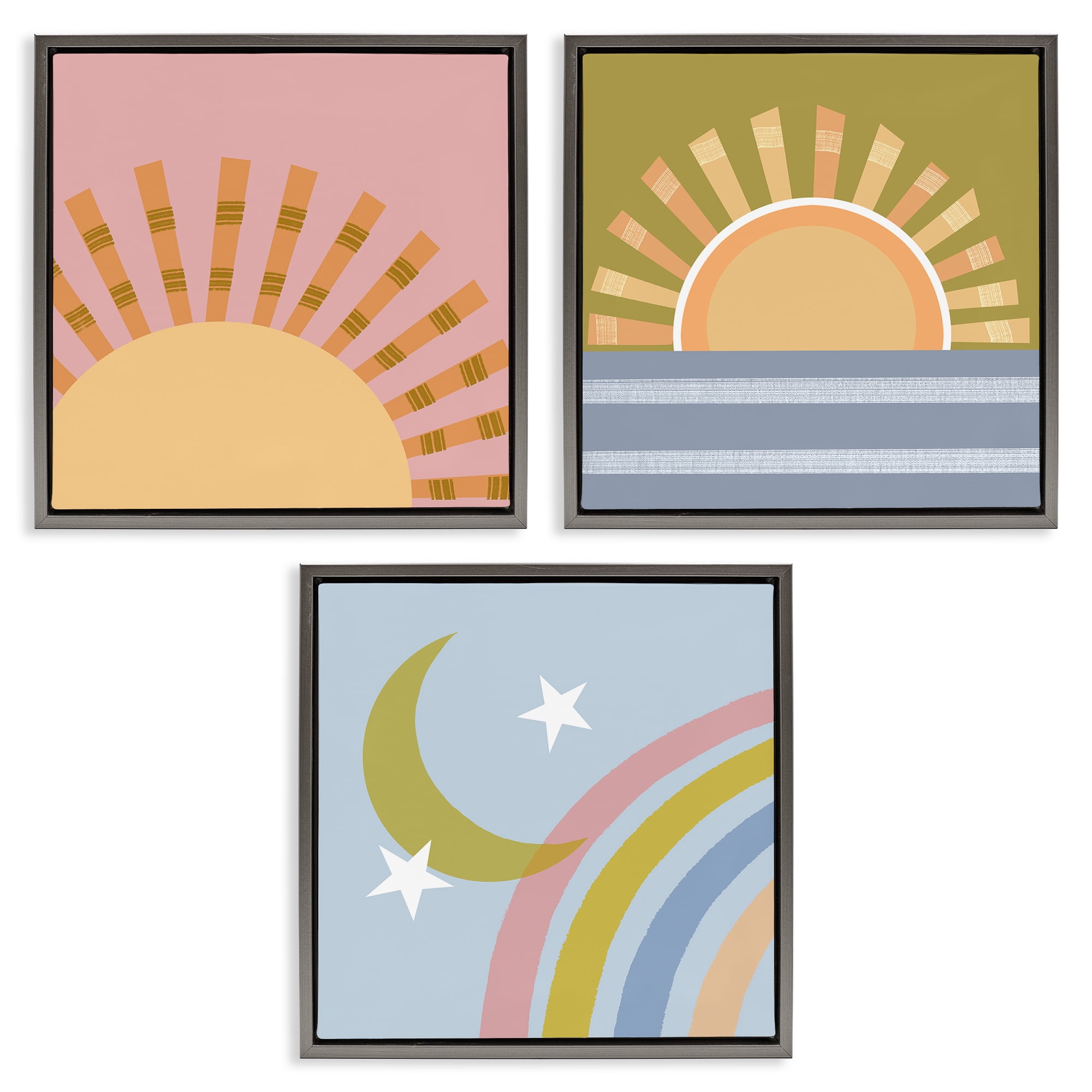 Stupell Industries Rising Sun & Moon Landscape & Nature Painting Gray Floater Framed Canvas Art Print Wall Art, 18 x 18, Set of 3