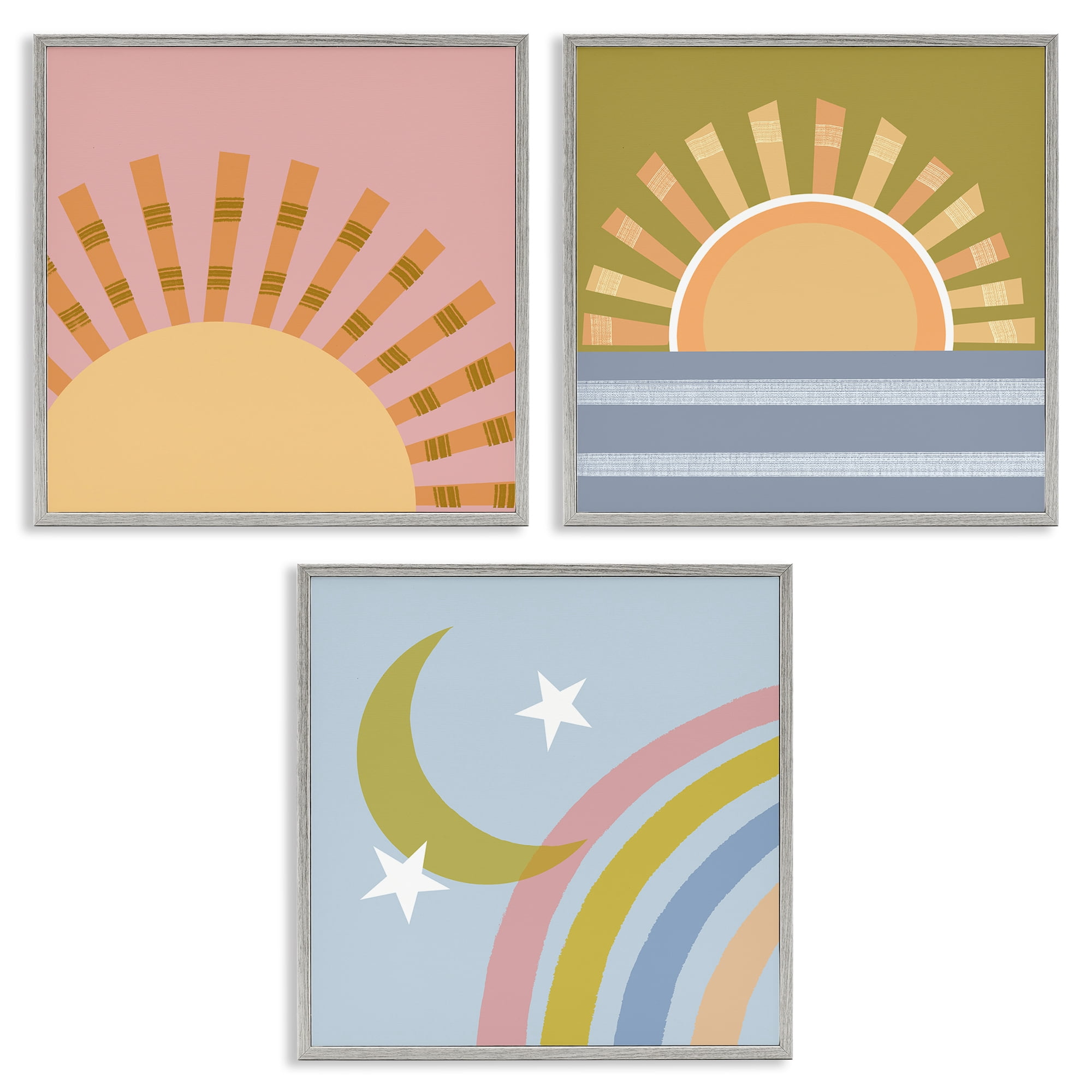 Stupell Industries Rising Sun & Moon Landscape & Nature Painting Gray Framed Art Print Wall Art, 12 x 12, Set of 3