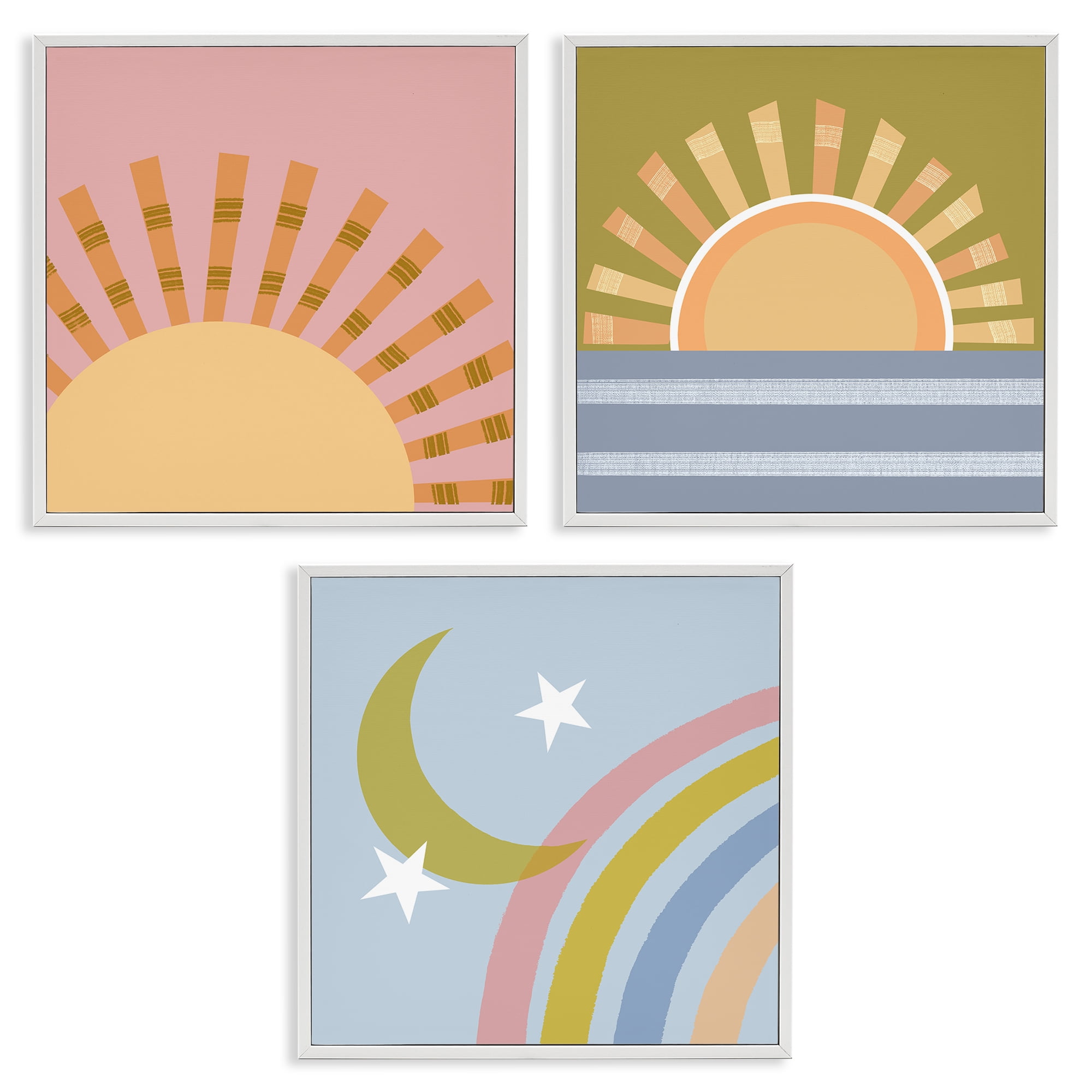 Stupell Industries Rising Sun & Moon Landscape & Nature Painting White Framed Art Print Wall Art, 17 x 17, Set of 3
