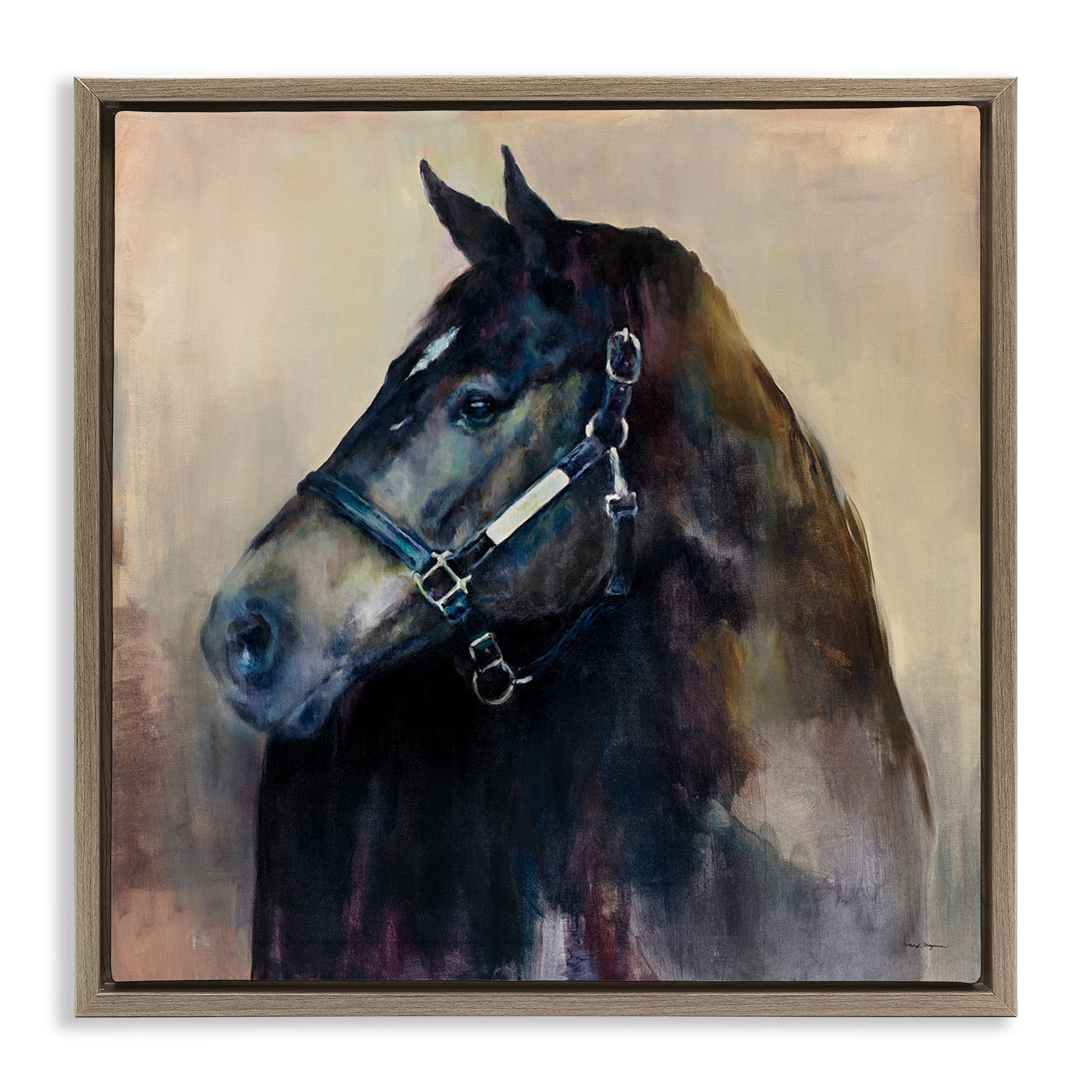 Stupell Industries Ritzy Black Horse Animals Painting Brown Floater Framed Canvas Art Print Wall Art, 25 x 25