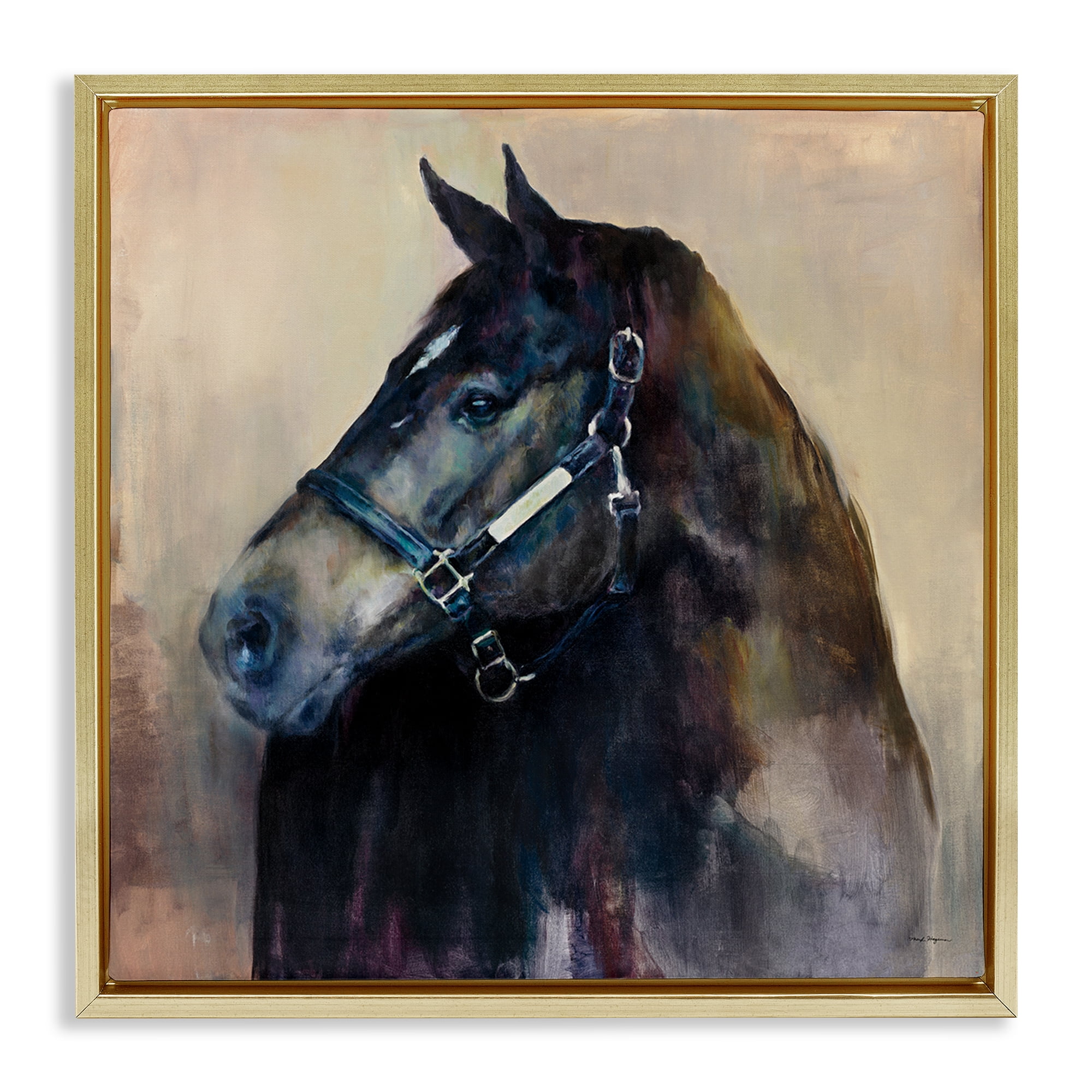 Stupell Industries Ritzy Black Horse Animals Painting Gold Floater Framed Canvas Art Print Wall Art, 25 x 25