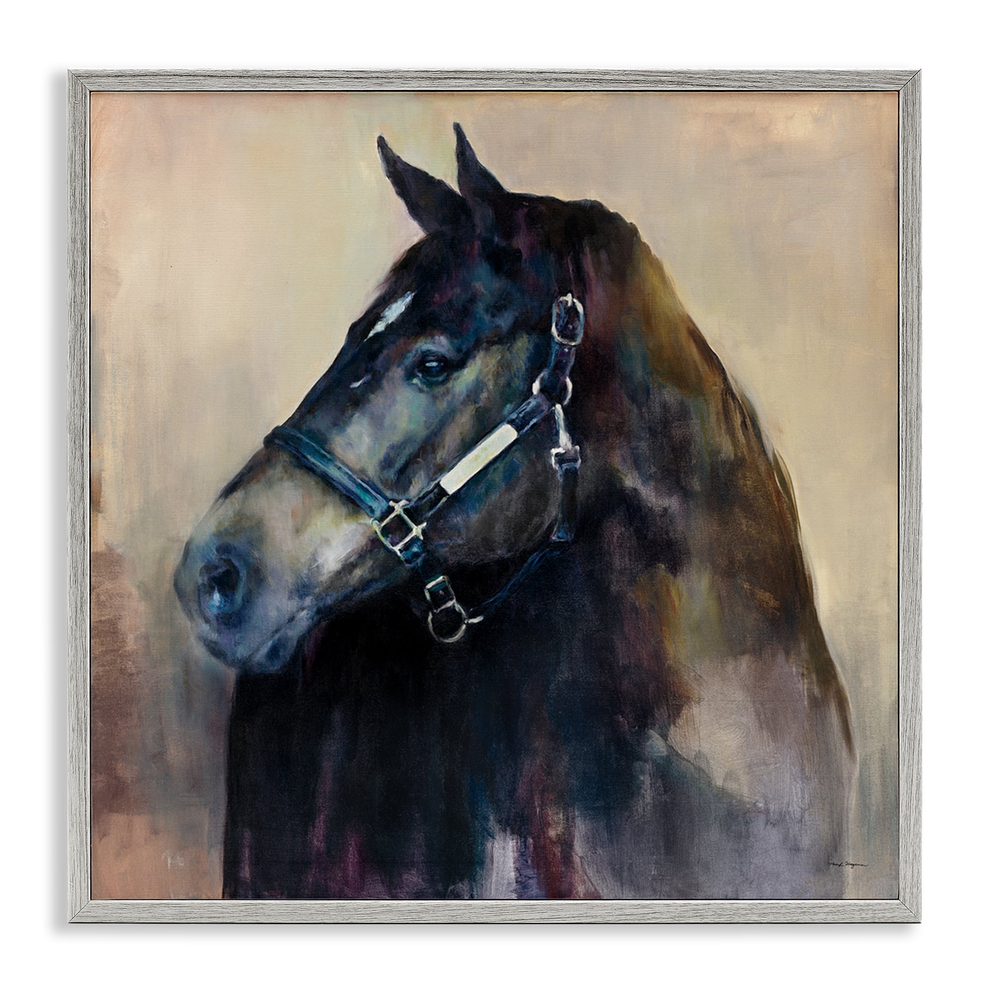 Stupell Industries Ritzy Black Horse Animals Painting Gray Framed Art Print Wall Art, 24 x 24