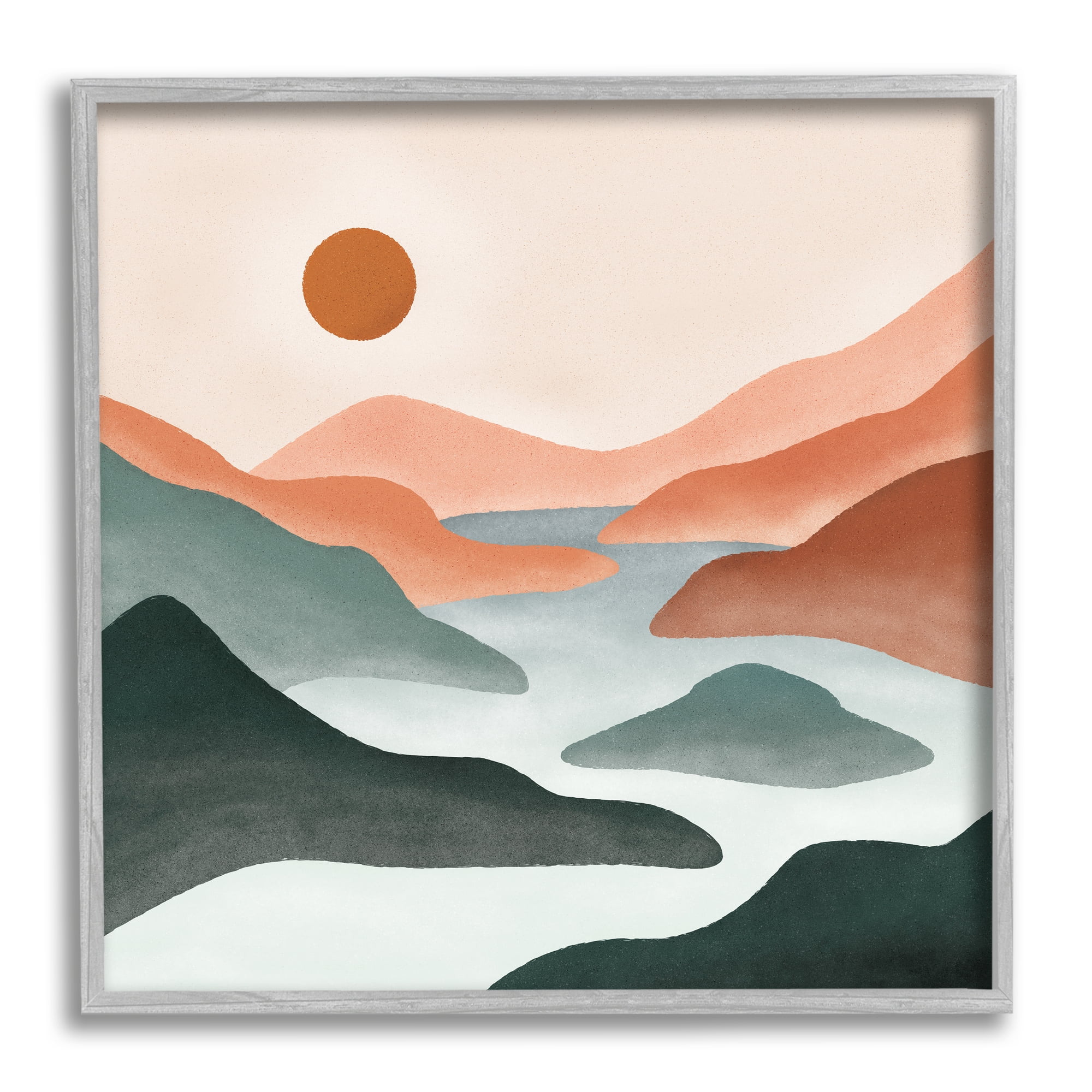 Stupell Industries River Flowing Between Modern Valley Landscape Graphic Art Gray Framed Art Print Wall Art, Design by JJ Design House LLC