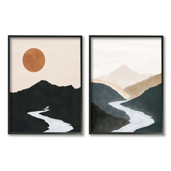Stupell Industries River Flowing Into Distance Mountain Sun Landscape Painting Black Framed Art Print Wall Art, Set of 2, Design by JJ Design House LLC