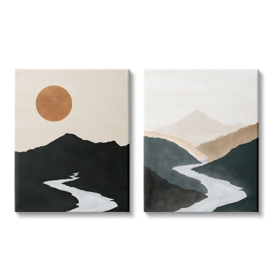 Stupell Industries River Flowing Into Distance Mountain Sun Landscape Painting Gallery Wrapped Canvas Print Wall Art, Set of 2, Design by JJ Design House LLC