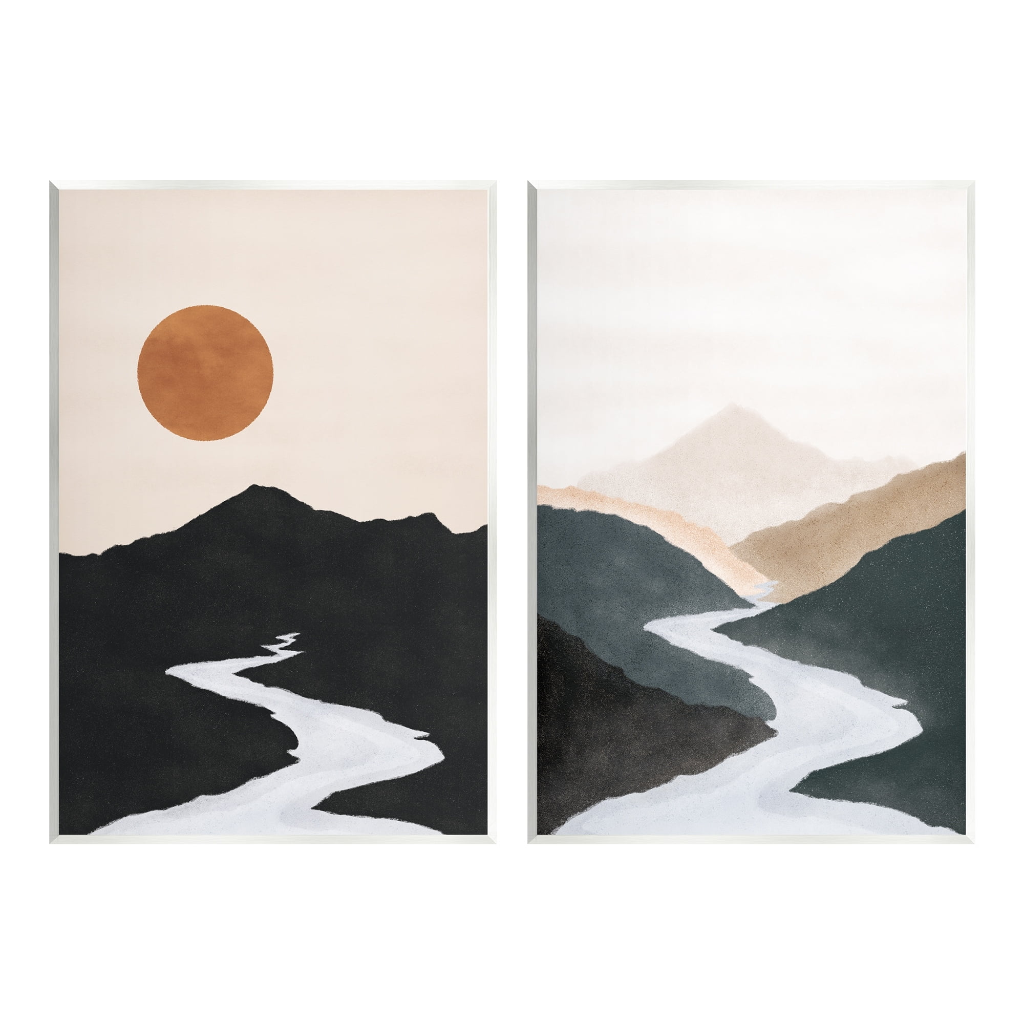 Stupell Industries River Flowing Into Distance Mountain Sun Landscape Painting Unframed Art Print Wall Art, Set of 2, Design by JJ Design House LLC