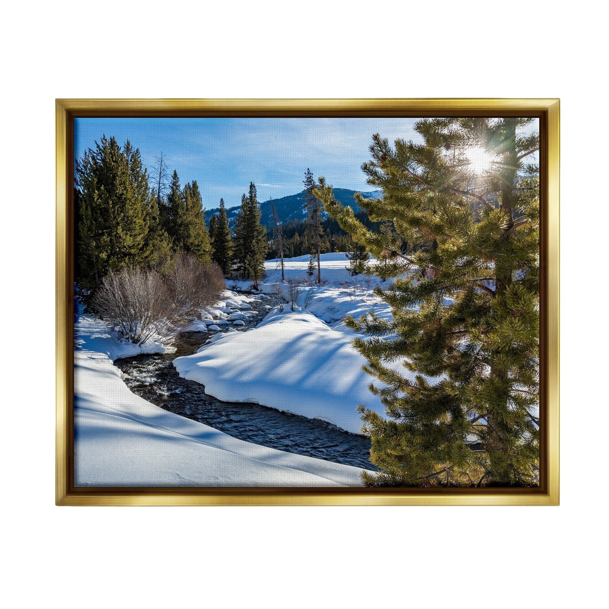 Stupell Industries River Flowing Between Snowy Slopes Distant Mountain Photograph Metallic Gold Floating Framed Canvas Print Wall Art, Design by Steve Smith