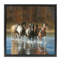 Stupell Industries River & Horses Scenery Animals & Insects Painting Black Floater Framed Canvas Art Print Wall Art, 18 x 18
