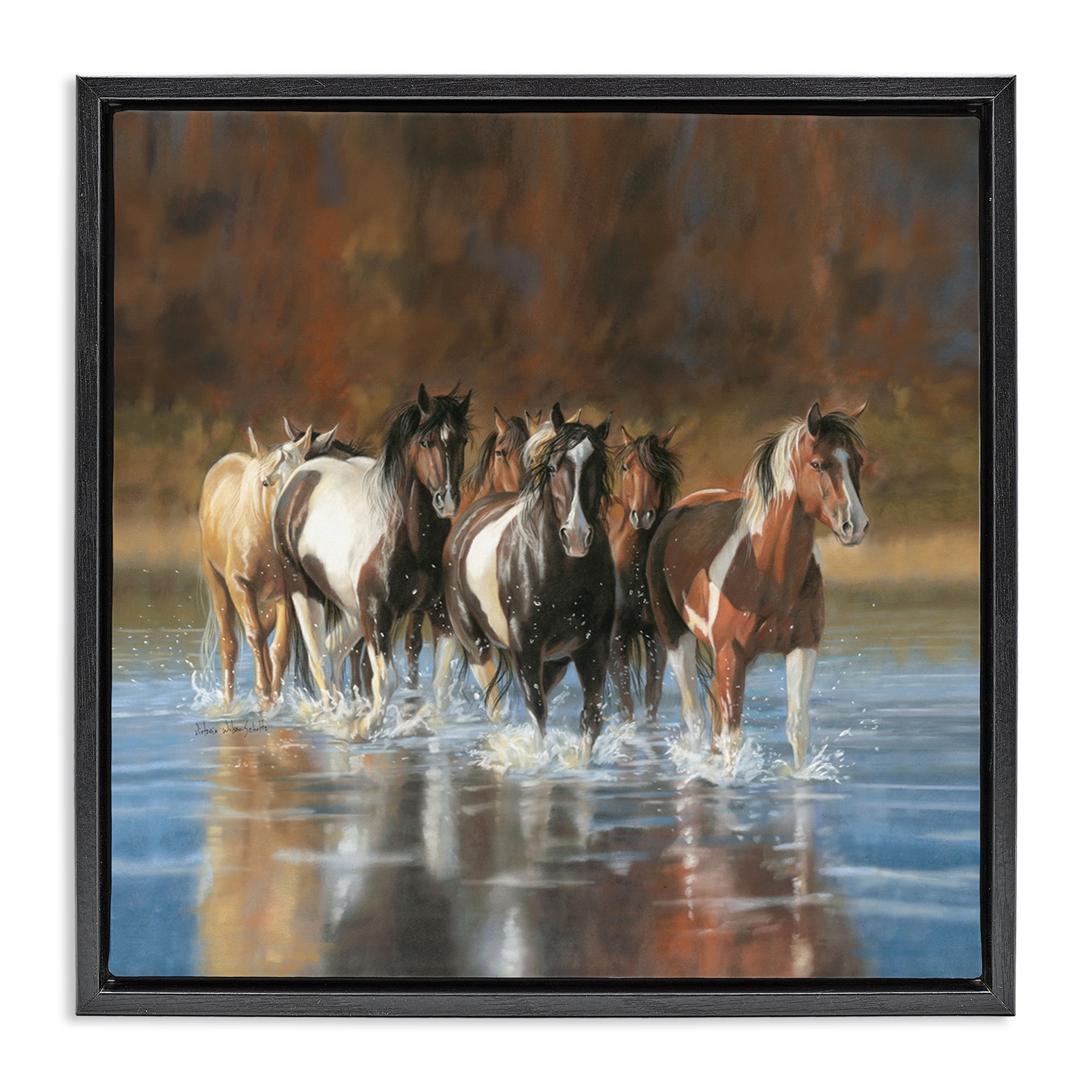 Stupell Industries River & Horses Scenery Animals & Insects Painting Black Floater Framed Canvas Art Print Wall Art, 25 x 25