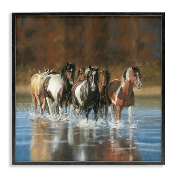 Stupell Industries River & Horses Scenery Animals & Insects Painting Black Framed Art Print Wall Art, 12 x 12