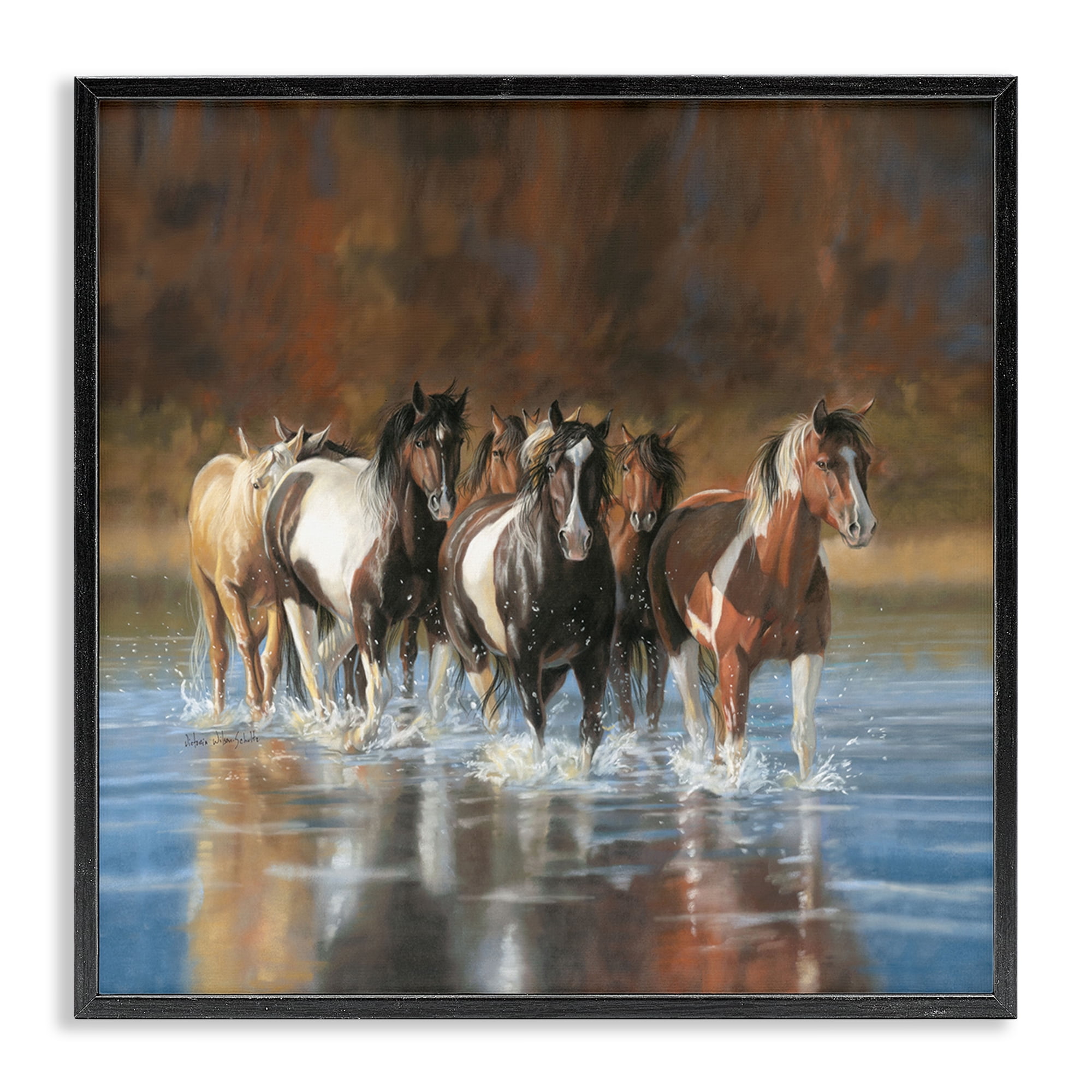 Stupell Industries River & Horses Scenery Animals & Insects Painting Black Framed Art Print Wall Art, 17 x 17