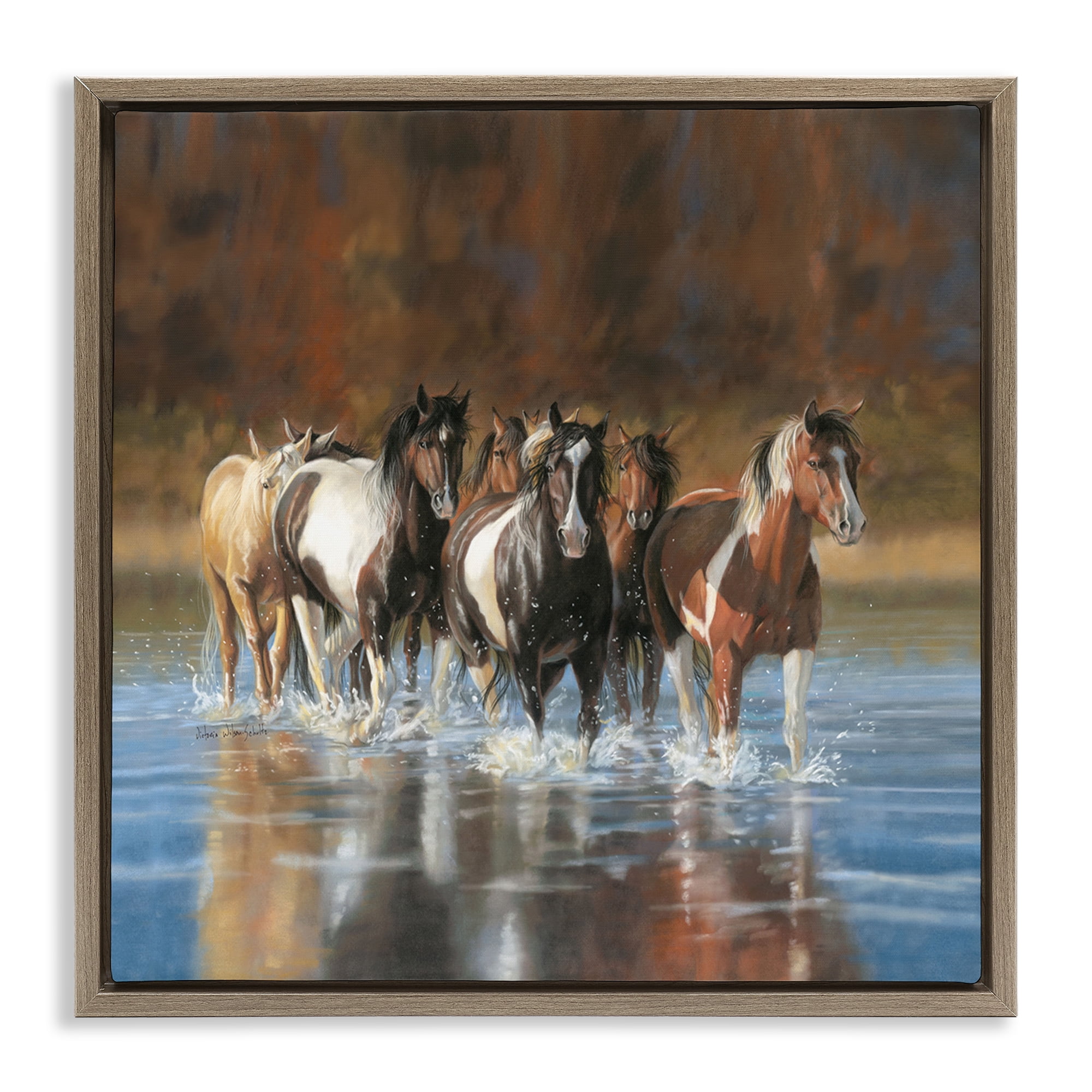 Stupell Industries River & Horses Scenery Animals & Insects Painting Brown Floater Framed Canvas Art Print Wall Art, 18 x 18