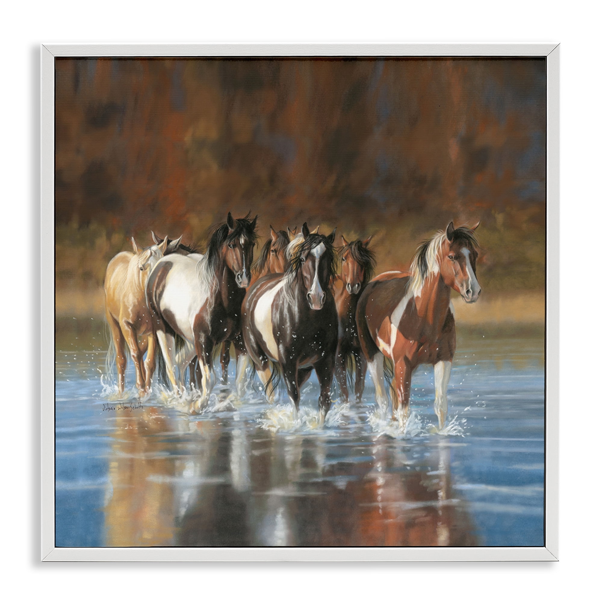 Stupell Industries River & Horses Scenery Animals & Insects Painting White Framed Art Print Wall Art, 24 x 24