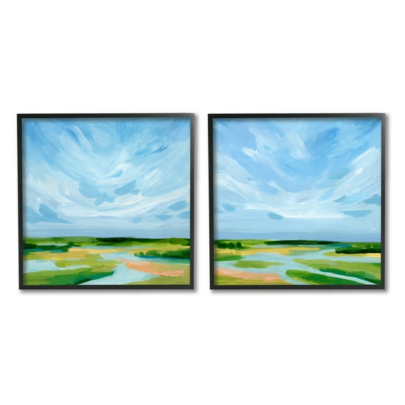 Stupell Industries River Landscape Painting Nature Painting Black Framed Art Print Wall Art, 12 x 12, Set of 2