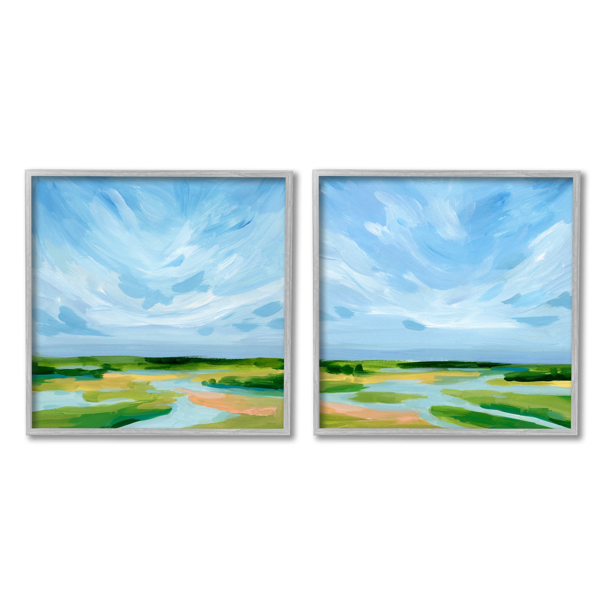 Stupell Industries River Landscape Painting Nature Painting Gray Framed Art Print Wall Art, 12 x 12, Set of 2