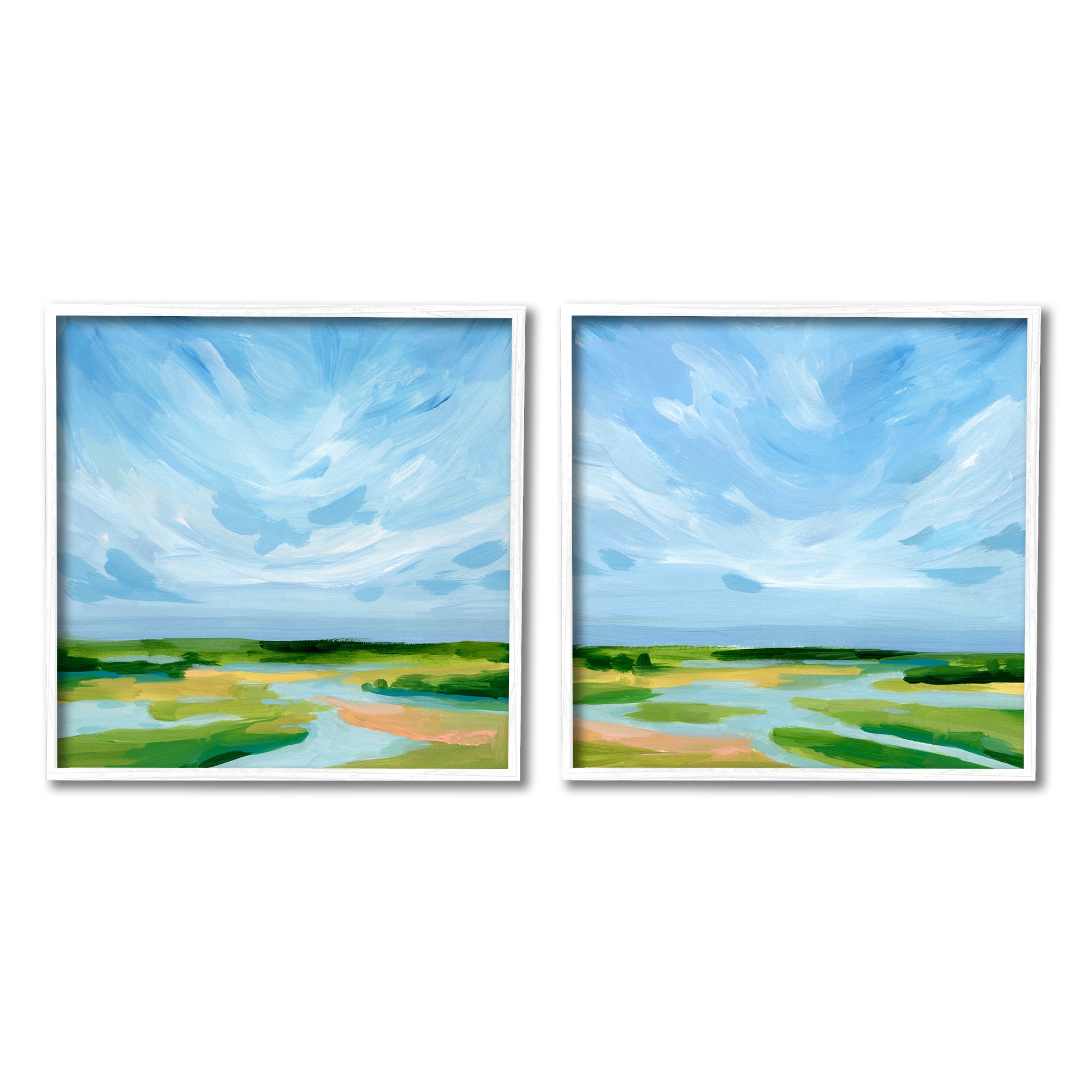 Stupell Industries River Landscape Painting Nature Painting White Framed Art Print Wall Art, 24 x 24, Set of 2