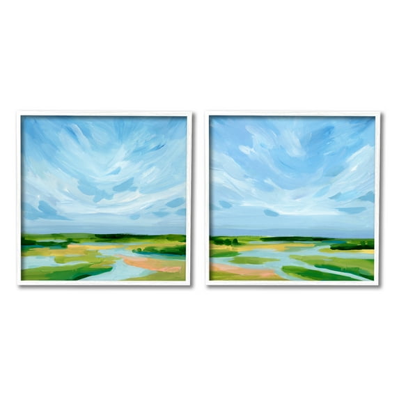 Stupell Industries River Landscape Painting Nature Painting White Framed Art Print Wall Art, 24 x 24, Set of 2