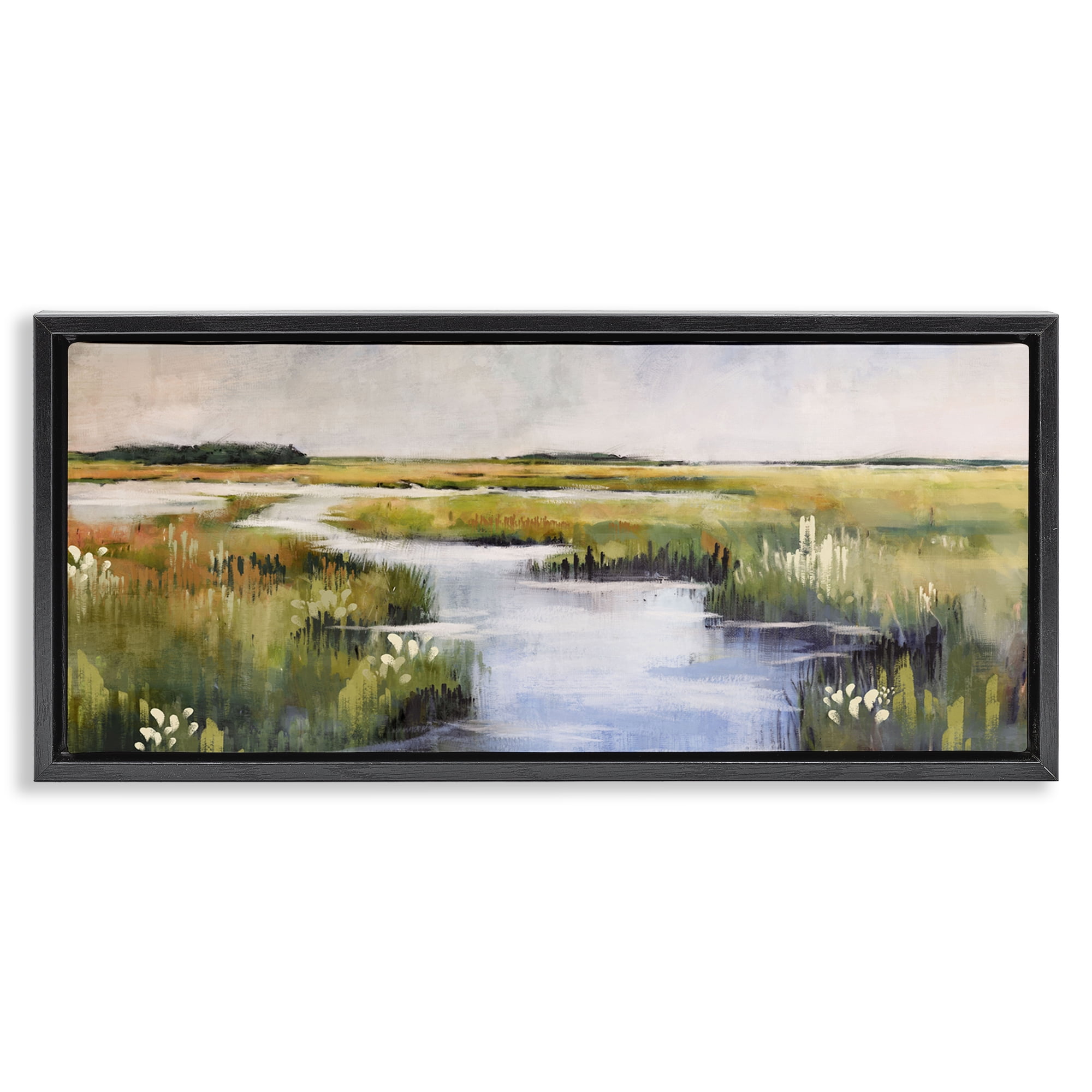Stupell Industries River Through Marshlands Landscape & Nature Painting Black Floater Framed Canvas Art Print Wall Art, 31 x 14