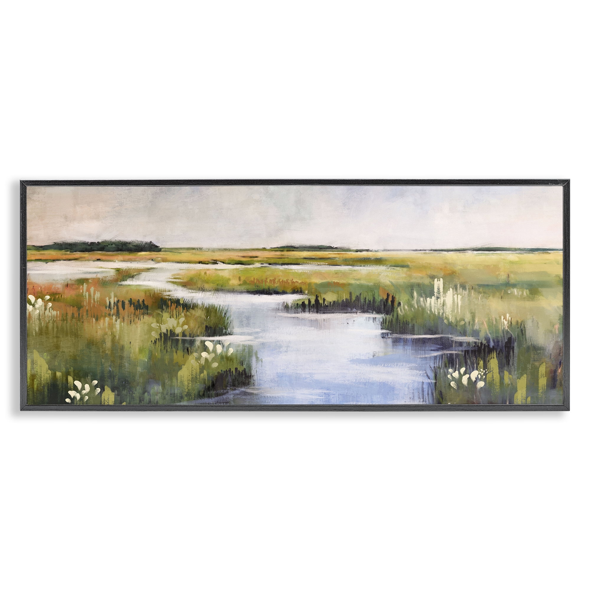 Stupell Industries River Through Marshlands Landscape & Nature Painting Black Framed Art Print Wall Art, 30 x 13