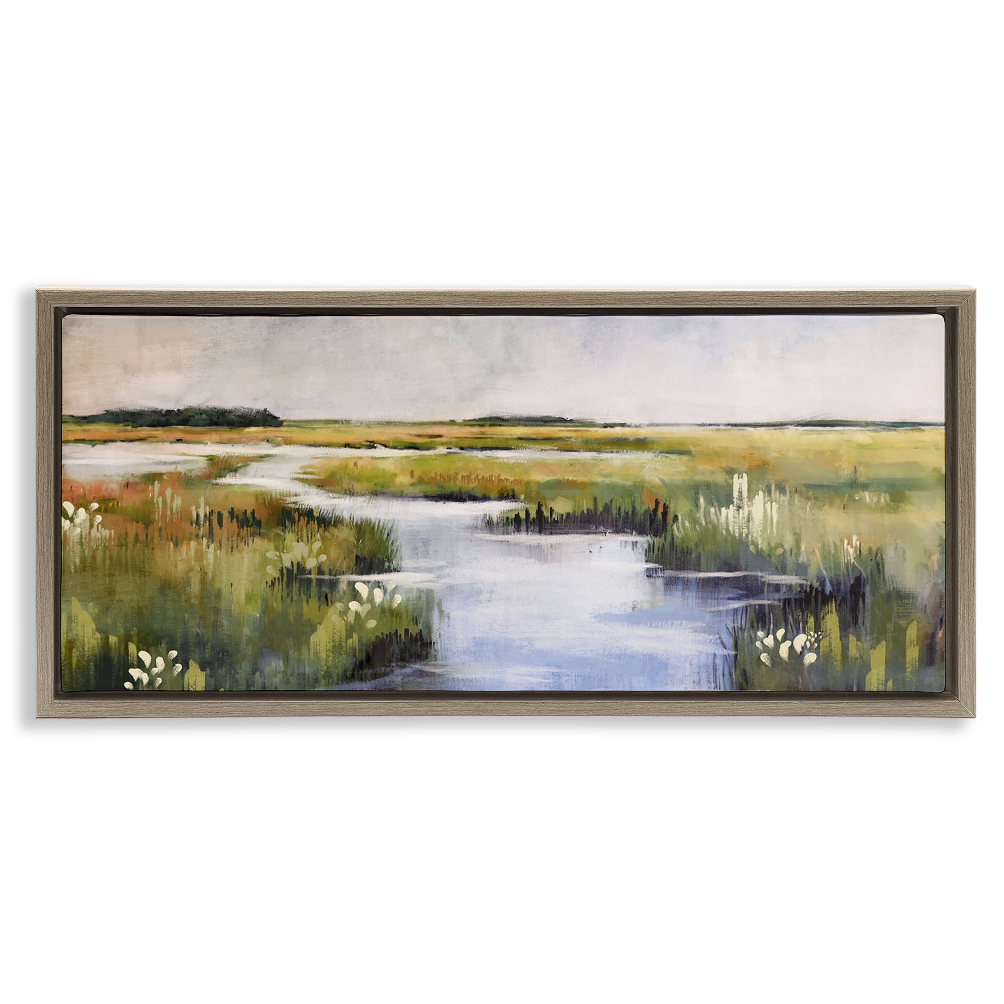 Stupell Industries River Through Marshlands Landscape & Nature Painting Brown Floater Framed Canvas Art Print Wall Art, 31 x 14