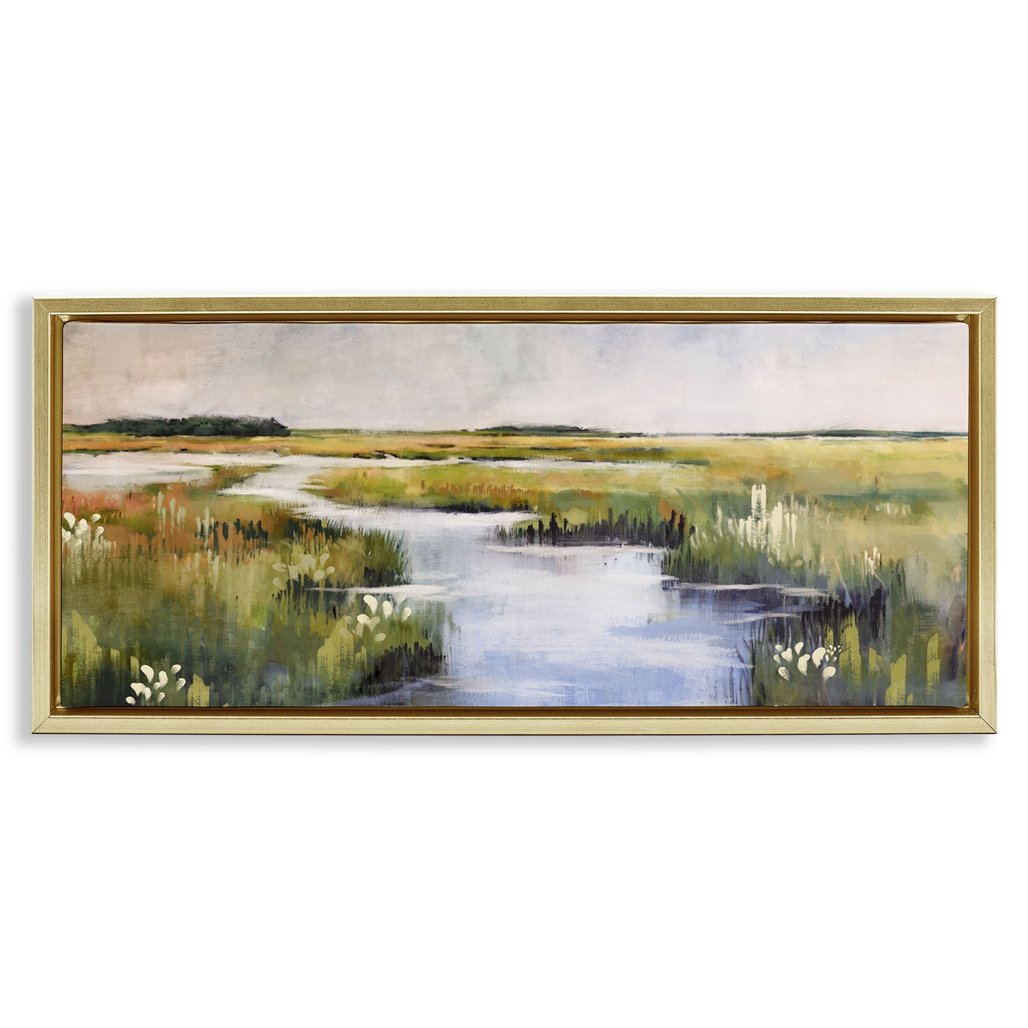 Stupell Industries River Through Marshlands Landscape & Nature Painting Gold Floater Framed Canvas Art Print Wall Art, 25 x 11