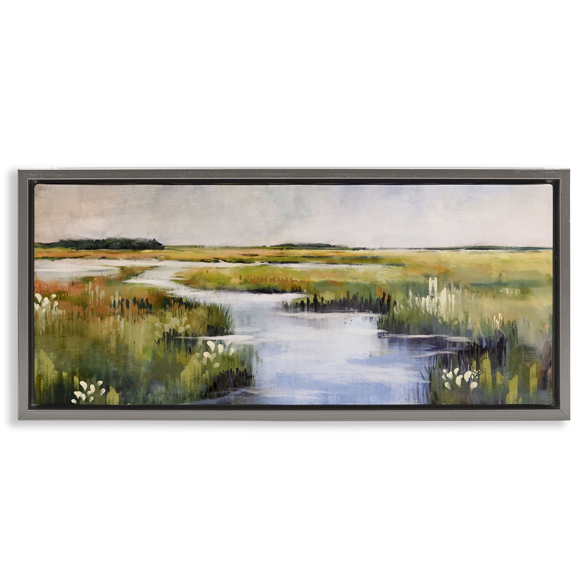 Stupell Industries River Through Marshlands Landscape & Nature Painting Gray Floater Framed Canvas Art Print Wall Art, 31 x 14
