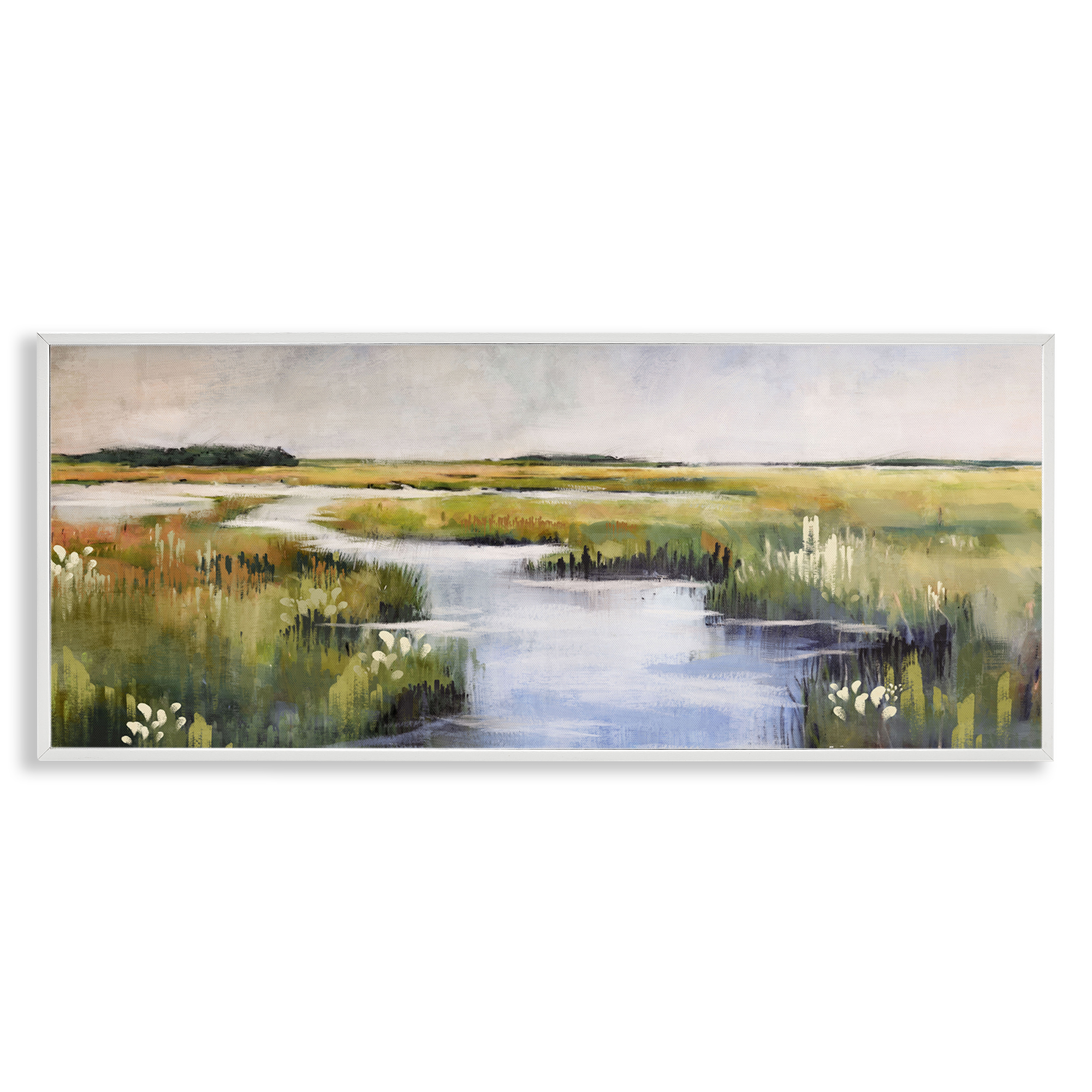 Stupell Industries River Through Marshlands Landscape & Nature Painting White Framed Art Print Wall Art, 30 x 13