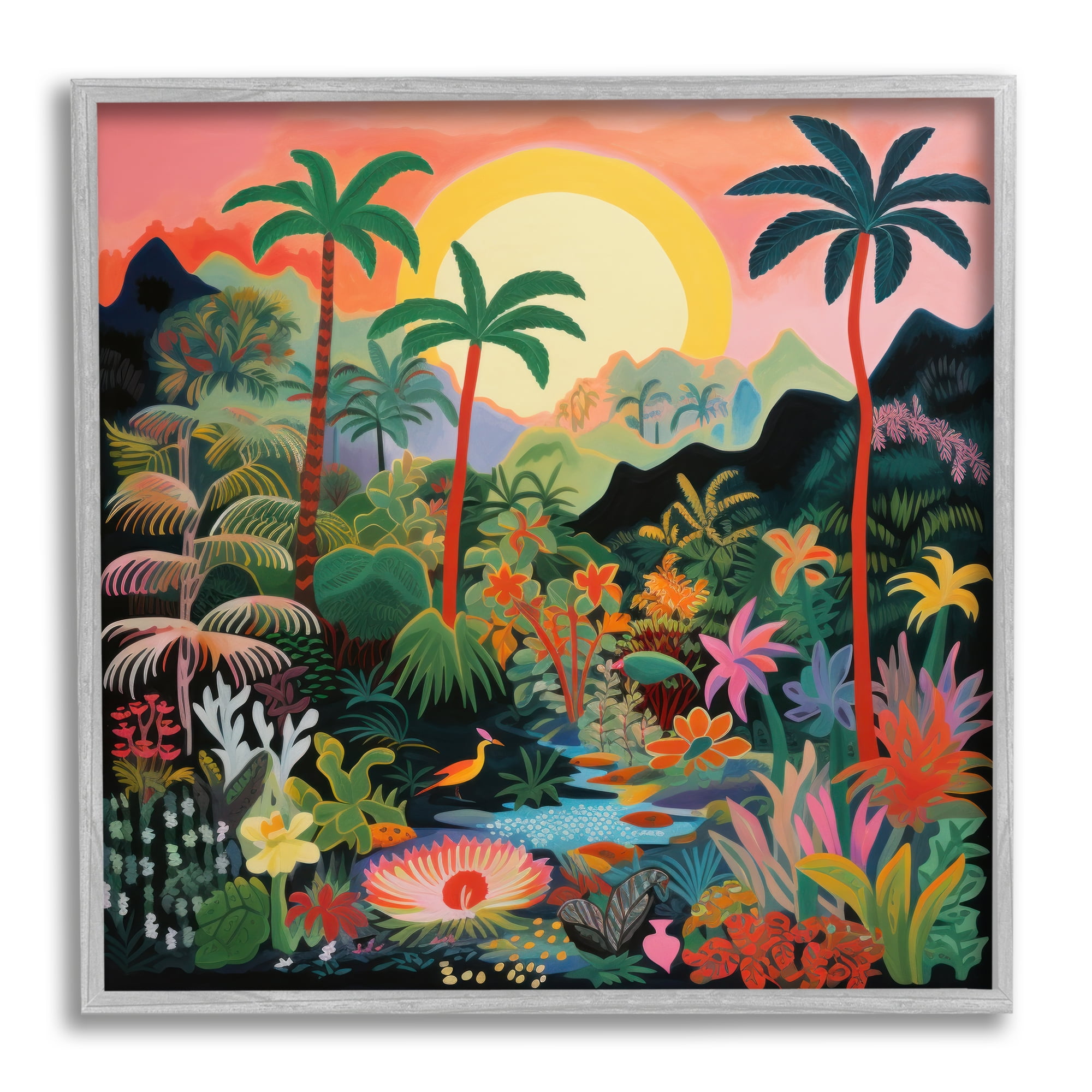 Stupell Industries River & Tropical Vegetation Landscape Painting Gray Framed Art Print Wall Art, 12 x 12
