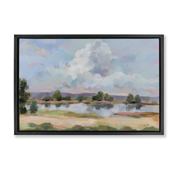 Stupell Industries River View Overhead Clouds Landscape & Nature Painting Black Floater Framed Canvas Art Print Wall Art, 25 x 17