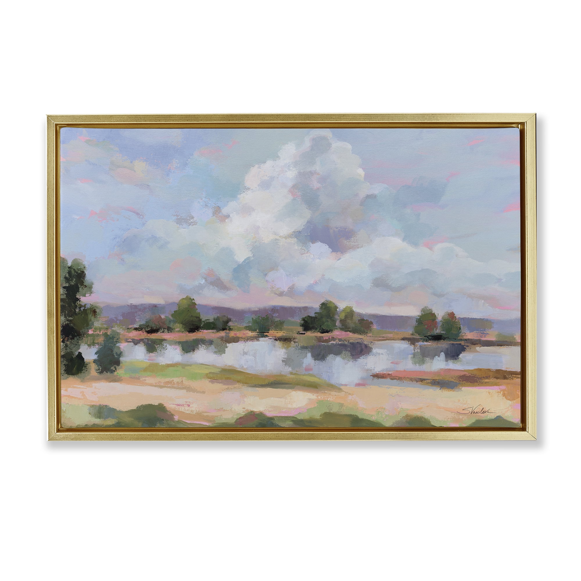 Stupell Industries River View Overhead Clouds Landscape & Nature Painting Gold Floater Framed Canvas Art Print Wall Art, 31 x 21