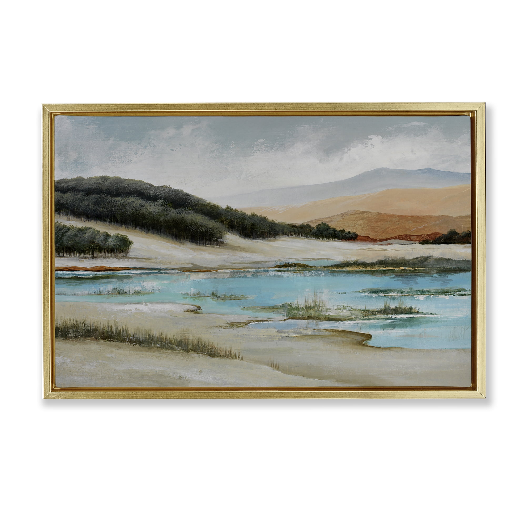 Stupell Industries River's Edge Landscape Landscape & Nature Painting Gold Floater Framed Canvas Art Print Wall Art, 31 x 21