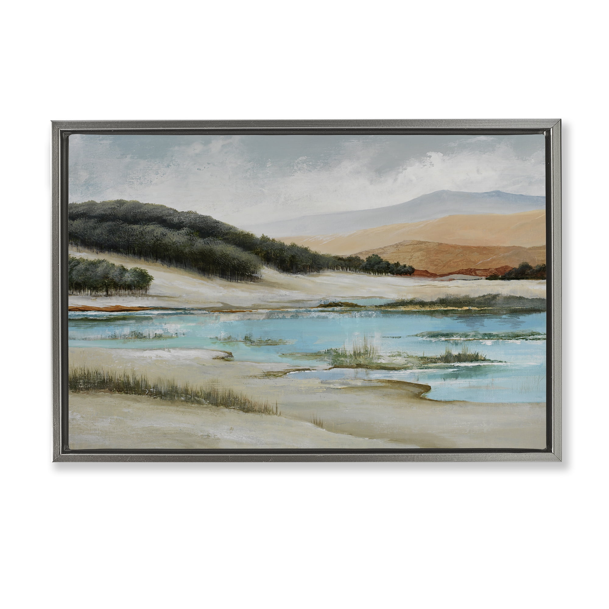Stupell Industries River's Edge Landscape Landscape & Nature Painting Gray Floater Framed Canvas Art Print Wall Art, 25 x 17