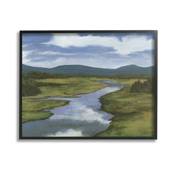 Stupell Industries River with Cloud Reflection Landscape Painting Black Framed Art Print Wall Art, 14 x 11