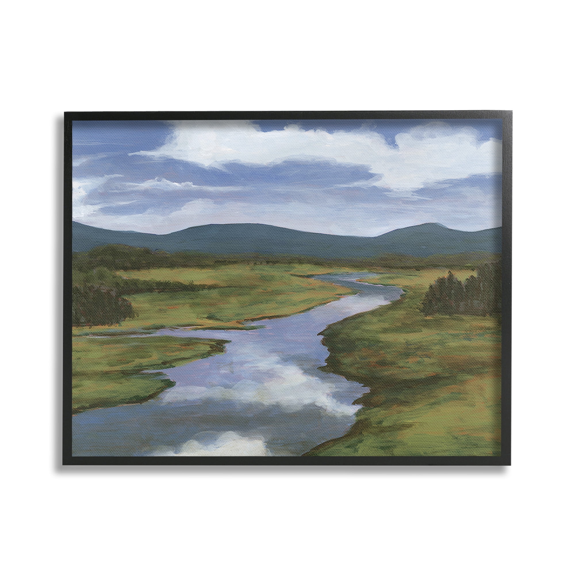 Stupell Industries River with Cloud Reflection Landscape Painting Black Framed Art Print Wall Art, 20 x 16