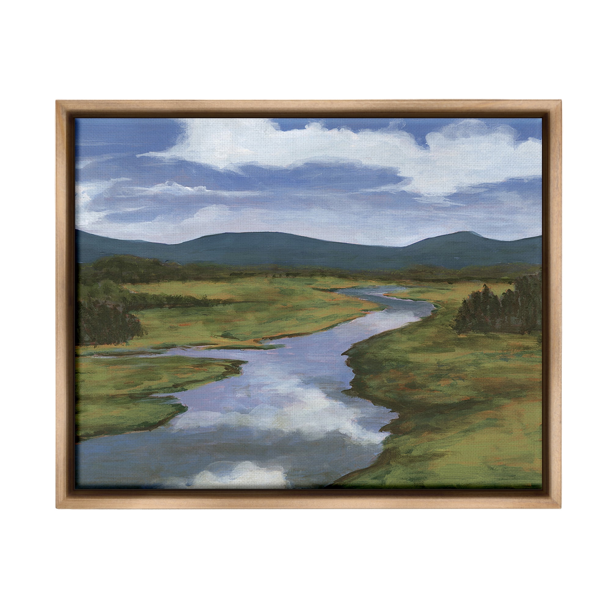 Stupell Industries River with Cloud Reflection Landscape Painting Brown Floater Framed Canvas Art Print Wall Art, 21 x 17