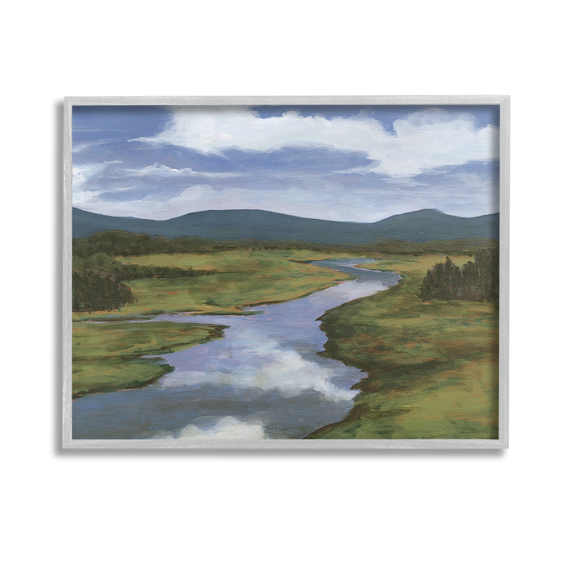 Stupell Industries River with Cloud Reflection Landscape Painting Gray Framed Art Print Wall Art, 14 x 11