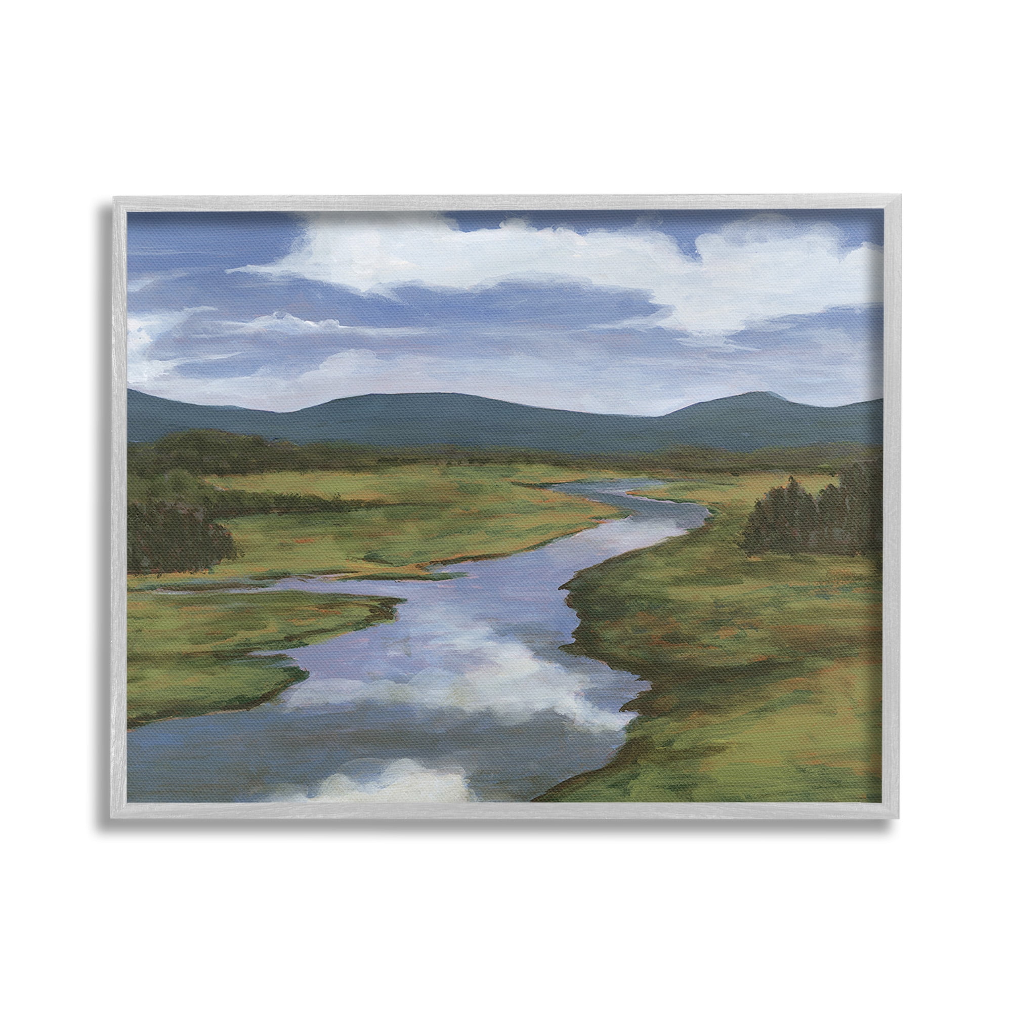 Stupell Industries River with Cloud Reflection Landscape Painting Gray Framed Art Print Wall Art, 20 x 16