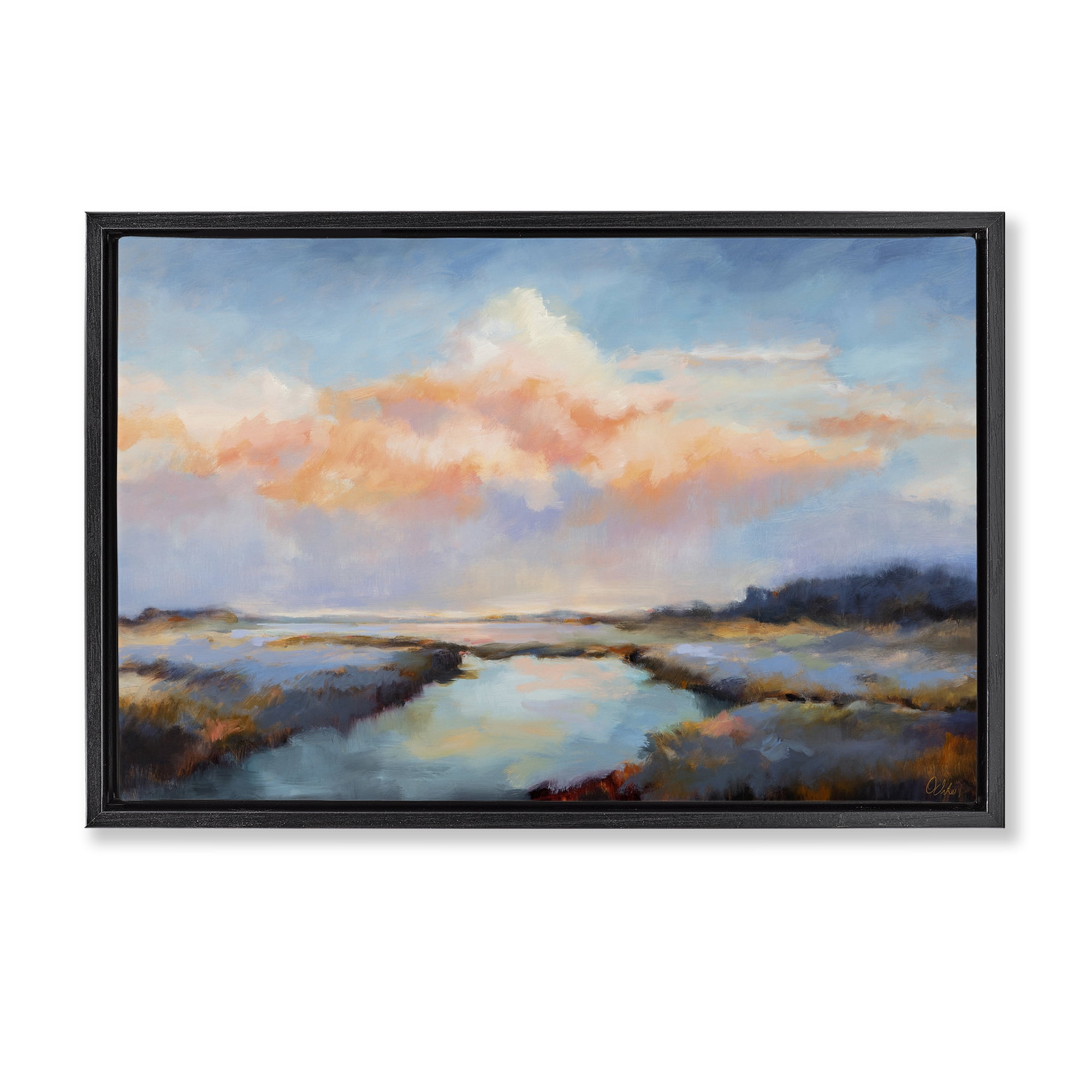 Stupell Industries River with Pastel Clouds Landscape & Nature Painting Black Floater Framed Canvas Art Print Wall Art, 31 x 21