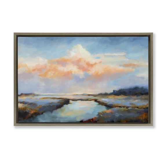 Stupell Industries River with Pastel Clouds Landscape & Nature Painting Brown Floater Framed Canvas Art Print Wall Art, 31 x 21