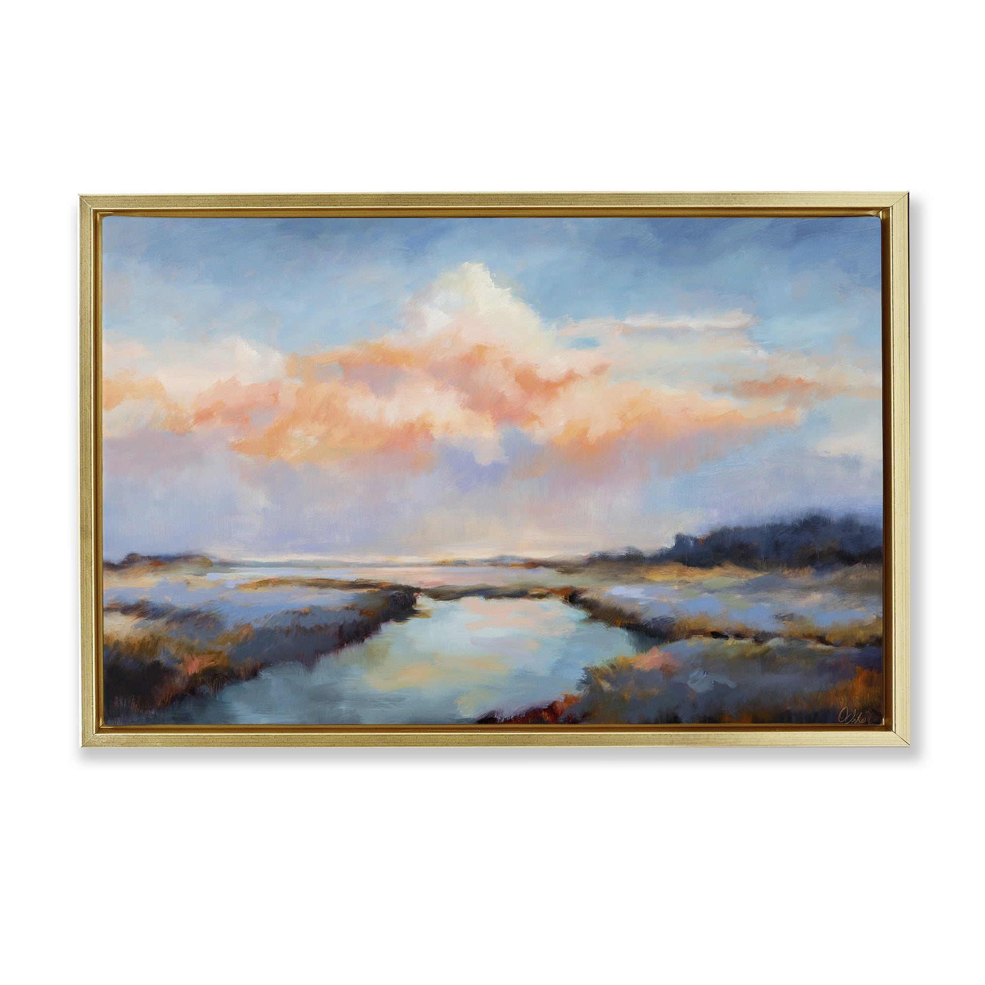 Stupell Industries River with Pastel Clouds Landscape & Nature Painting Gold Floater Framed Canvas Art Print Wall Art, 31 x 21