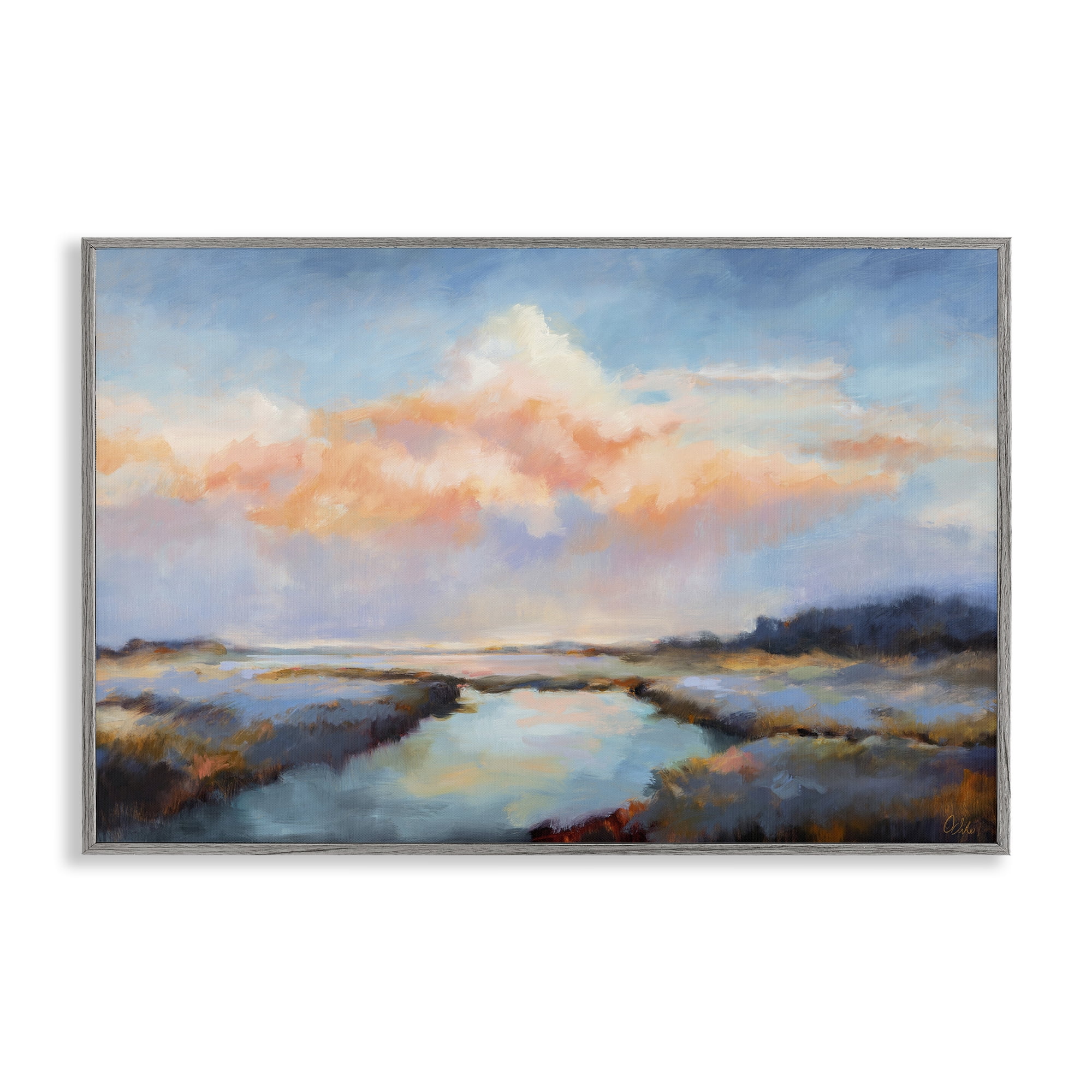 Stupell Industries River with Pastel Clouds Landscape & Nature Painting Gray Framed Art Print Wall Art, 30 x 20