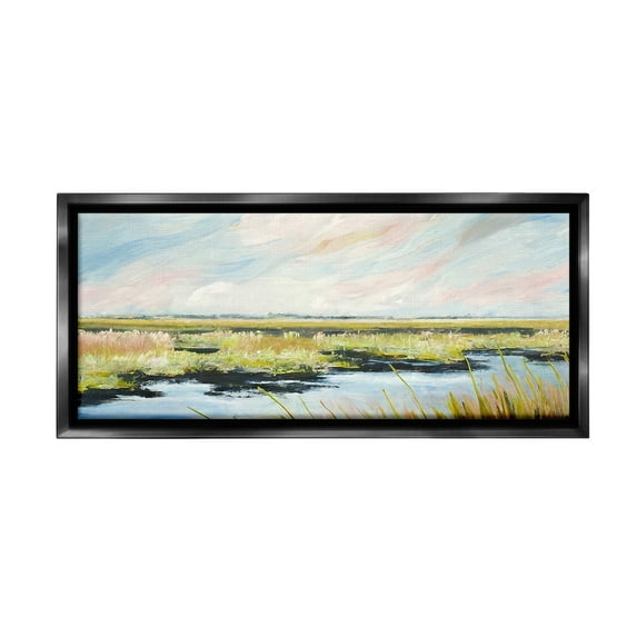 Stupell Industries River with Pastel Sky Landscape Painting Black Floater Framed Canvas Art Print Wall Art, 25 x 11