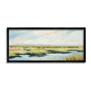 Stupell Industries River with Pastel Sky Landscape Painting Black Framed Art Print Wall Art, 24 x 10