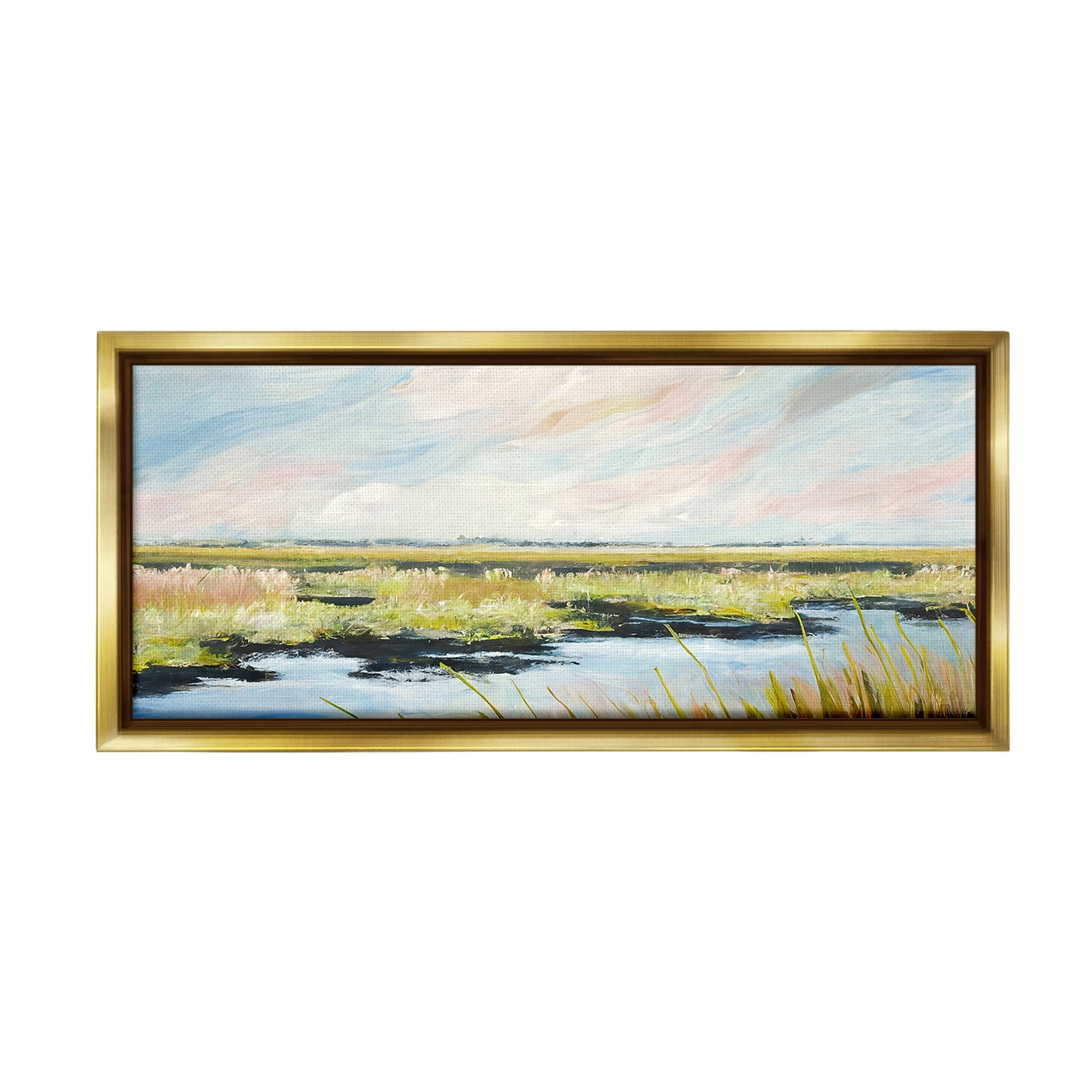 Stupell Industries River with Pastel Sky Landscape Painting Gold Floater Framed Canvas Art Print Wall Art, 31 x 14