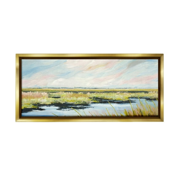 Stupell Industries River with Pastel Sky Landscape Painting Gold Floater Framed Canvas Art Print Wall Art, 31 x 14