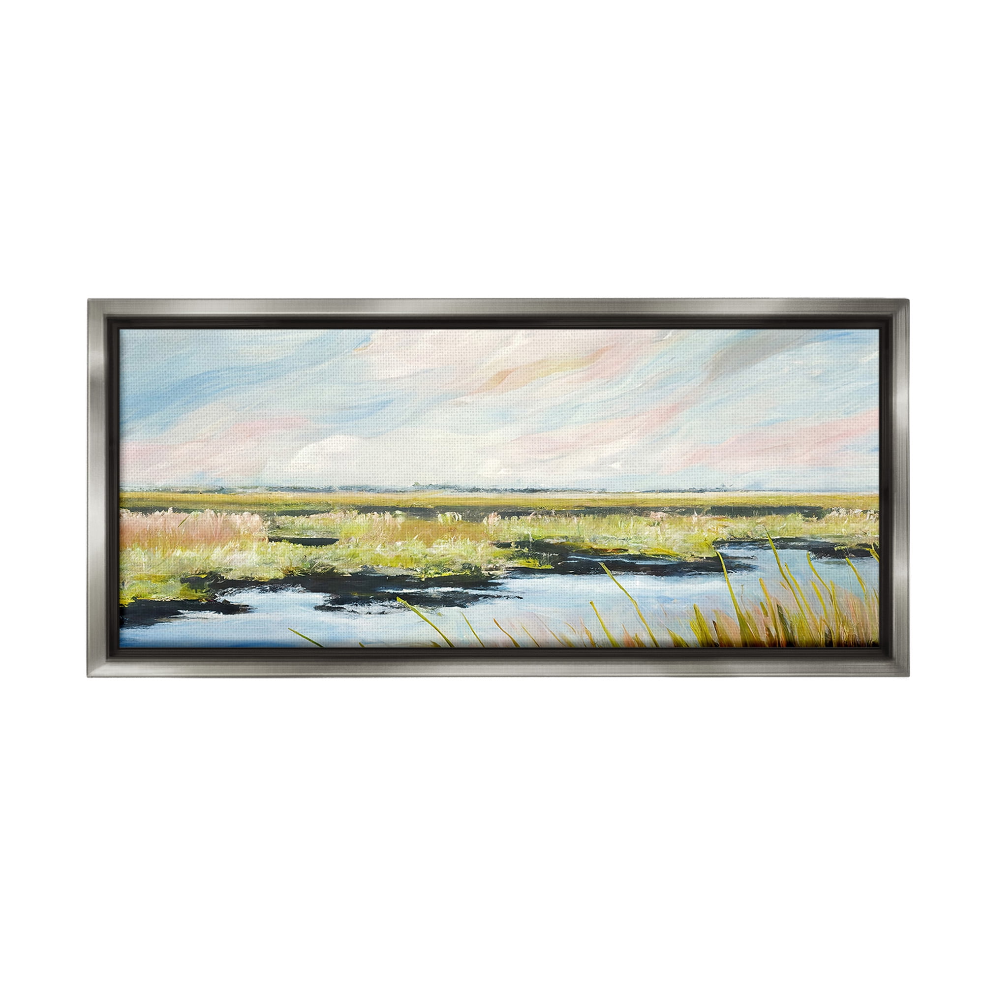 Stupell Industries River with Pastel Sky Landscape Painting Gray Floater Framed Canvas Art Print Wall Art, 25 x 11