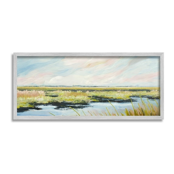 Stupell Industries River with Pastel Sky Landscape Painting Gray Framed Art Print Wall Art, 24 x 10